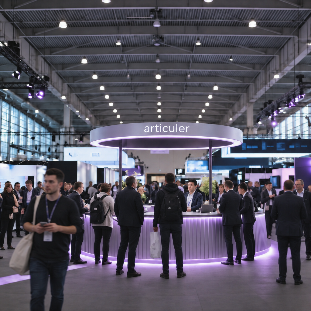 A crowded exhibition hall with an Articuler booth