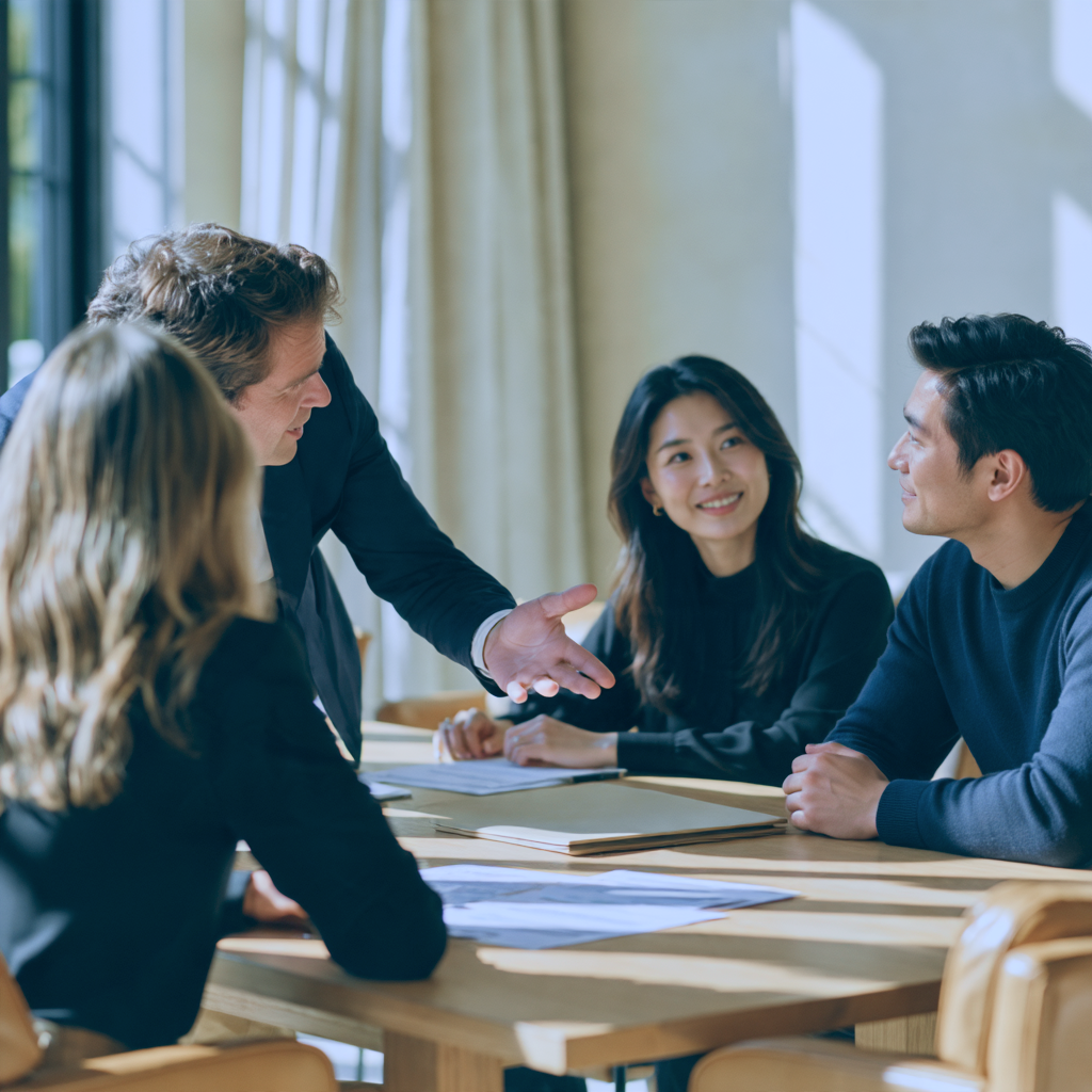 Three professionals talking across a table